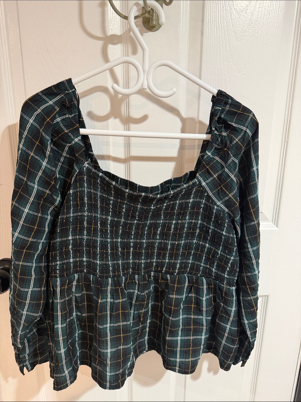 Old Navy Dark Green Plaid Smocked Peplum Long-Sleeve Top